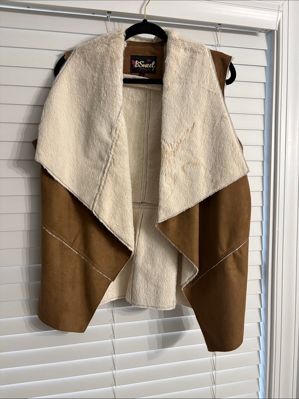 Faux Shearling Draped Vest - Tan & Cream